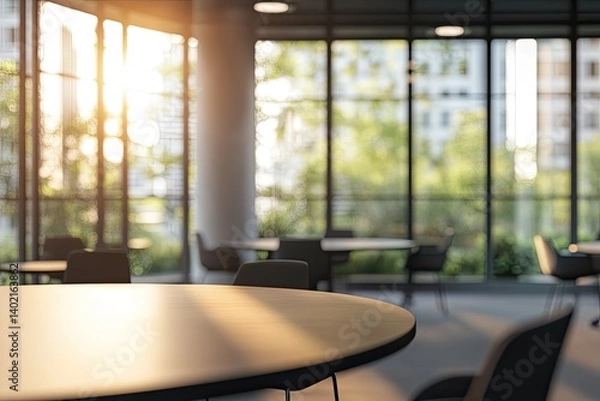 Fototapeta A round table with sunlight streaming through large windows in a modern office setting