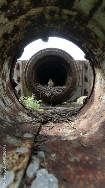 Fototapeta Bird Nesting in Abandoned Rusty Pipe Nature Finds a Way