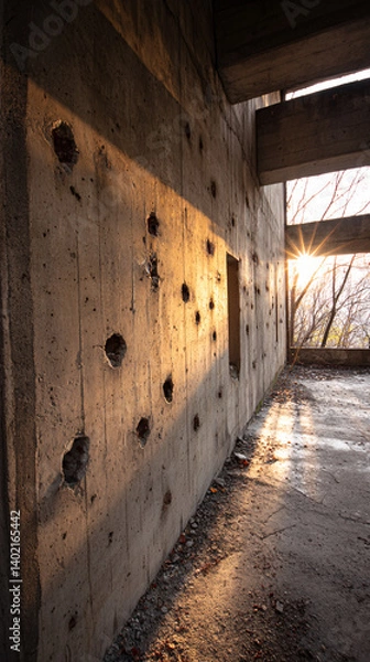 Obraz Abandoned Concrete Building with Bullet Holes Sunset Light