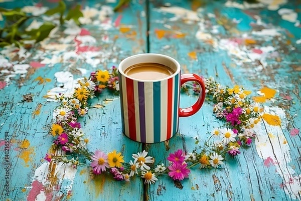 Fototapeta Whimsical Mother's Day setting with a colorful striped mug of coffee surrounded by a circle of wildflowers on a painted wood table.