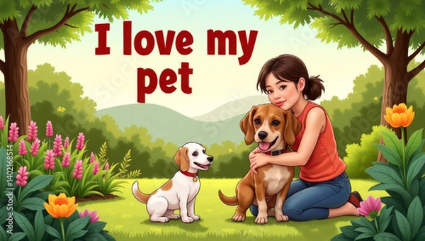 Fototapeta Girl hugging her dogs in a whimsical cartoon style in a lush garden background with copy space
