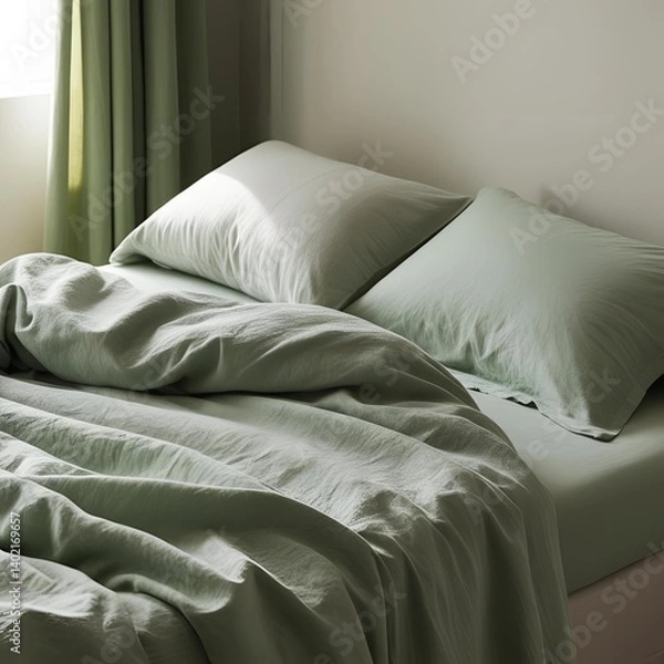 Fototapeta Morning aesthetics, soft light over green bed linen, soft textile and minimalist colors. 
