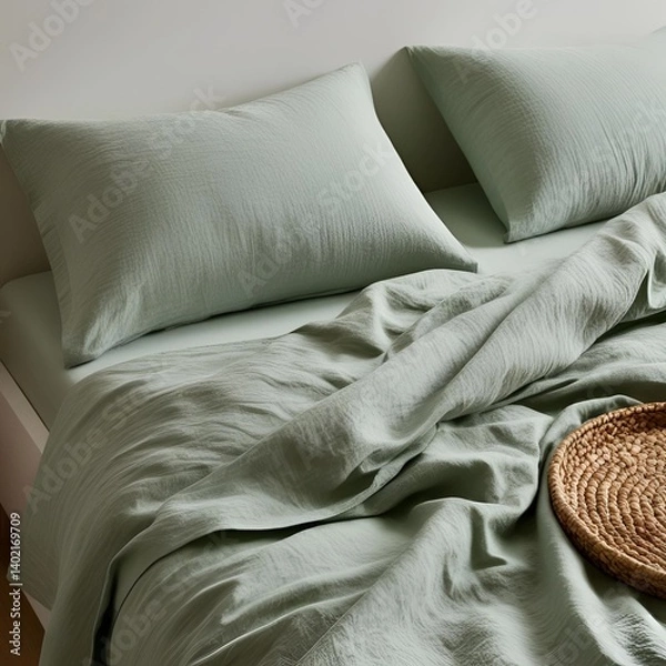 Fototapeta Morning social platforms aesthetics, soft light over bed sheet in minimalist tones. 