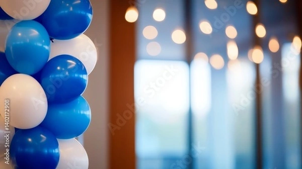 Obraz A decorative arch of glossy blue and white balloons stands against a plain backdrop, enhanced by soft ambient lighting, perfect for celebrations and events