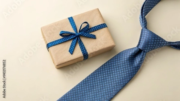 Fototapeta Father's day, Gift-wrapped box and a patterned tie on a neutral background.