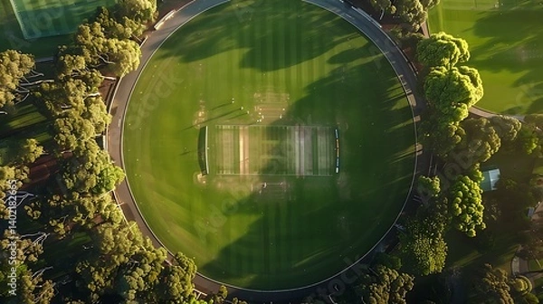 Fototapeta Aerial view of a pristine, circular cricket ground bathed in warm sunlight, showcasing the lush green field and pitch, surrounded by trees casting long shadows. A perfect venue ready for a match.