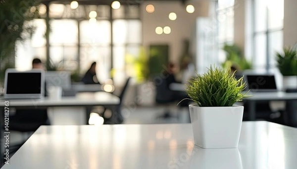 Obraz A small potted plant sits on a white desk in a modern office, with blurred workers in the background