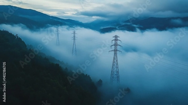 Obraz Misty mountain power lines, aerial view, energy transmission