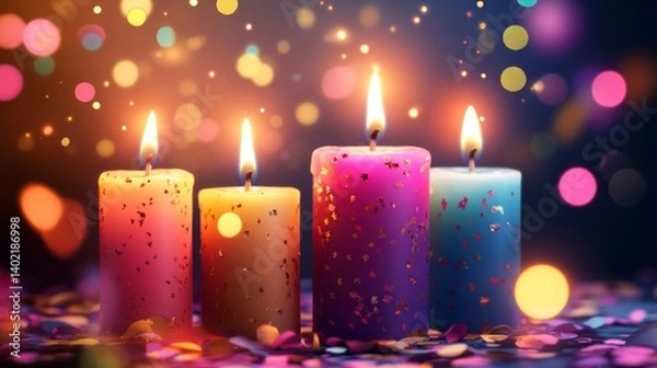 Obraz Colorful birthday candles with multicolored wax flames surrounded by bokeh lights and scattered confetti on a festive background, ideal for celebration themes, party invitations, and birthday decorati