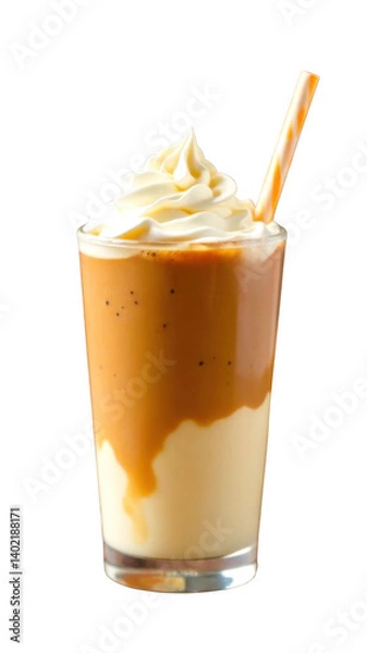 Fototapeta Chilled caramel latte in a transparent glass, topped generously with fluffy whipped cream and served with a striped caramel-colored straw.