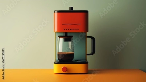 Fototapeta Modern Coffee Brewing Setup: A Unique Coffee Maker and Colorful Mugs on a Vibrant Background.