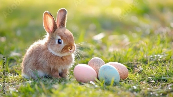 Obraz A bunny with Easter eggs in a field.