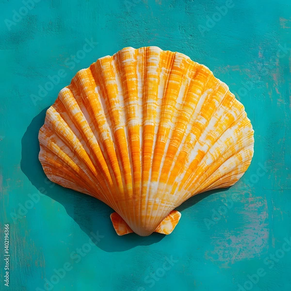 Fototapeta Orange Scallop Shell on Turquoise: A vibrant orange scallop shell with intricate ribbed texture rests on a teal background, casting a subtle shadow.  The image evokes a sense of summer, beach.