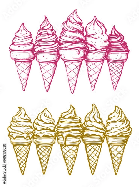 Fototapeta Ice cream in a cone hand drawn vintage vector sketch drawing