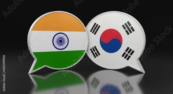 Fototapeta Dialogue Between India and South Korea Illustrated in Overlapping Speech Bubbles