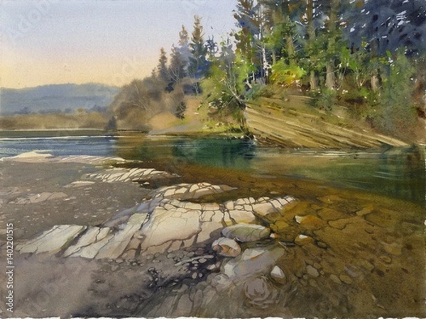 Fototapeta Poster of wall art landscape watercolor painting with river, mountains clip art for background. You can use like luxury invitation card with nature and organic shapes and invite design for wedding.