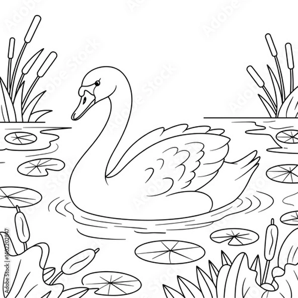 Fototapeta A black and white swan illustration line art of a coloring page