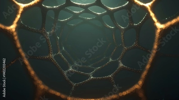Obraz Abstract gold network, glowing tunnel, 3D rendering. Perfect for science, technology, or fantasy backgrounds.