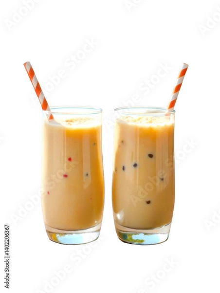 Fototapeta A refreshing pair of iced bubble teas served in tall clear glasses with playful orange-striped straws.