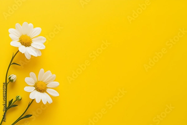 Obraz A yellow background with flowers on the left side, Flowers, Wallpaper, Designing, Elegant look, Minimalistic look, Artistic, Yellow background.