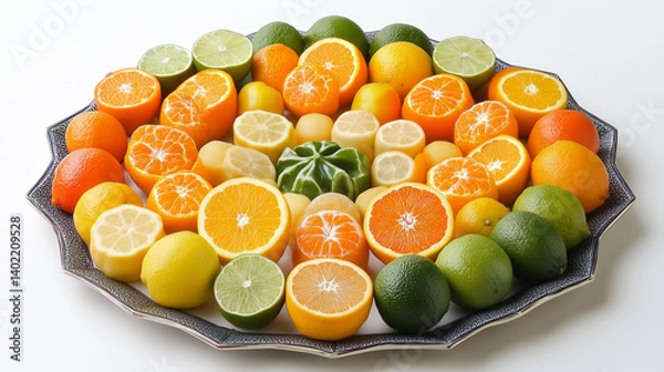Obraz A plate of oranges, lemons, and limes arranged in a plate, Healthy, Juicy, Orange and lemons, Arrangement, Fruits.