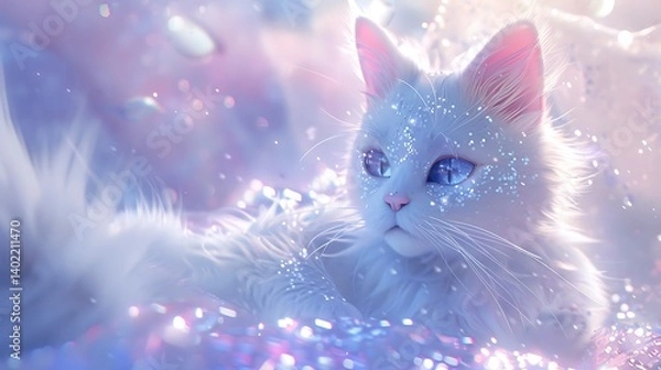 Fototapeta Enchanting fantasy white kitten with mesmerizing blue eyes resting on a glowing magical surface with sparkling lights and glitter in a dreamy, mystical nighttime atmosphere, perfect for fairytale art