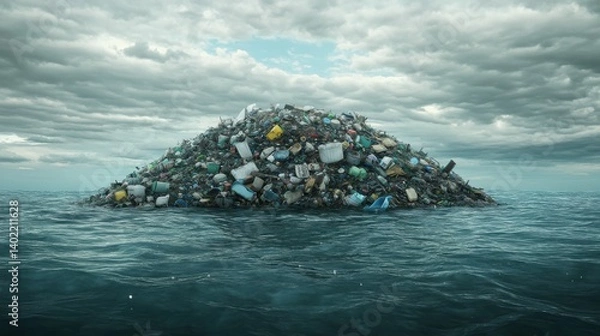 Obraz Conceptual image of an island of garbage floating in the ocean. Generative AI.