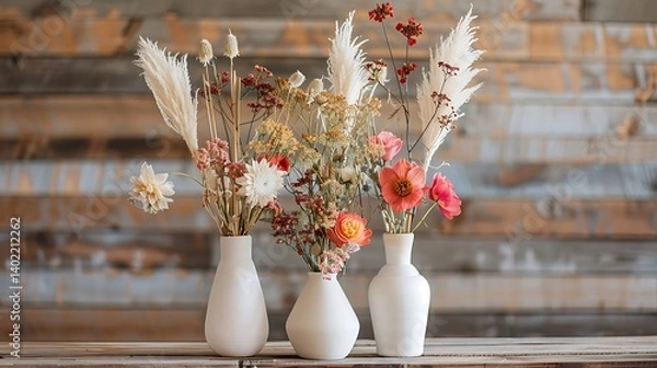 Fototapeta Three elegant white ceramic vases filled with colorful dried and fresh flowers in a rustic arrangement, displayed on a wooden table against an artistic textured wall for interior decor inspiration.
