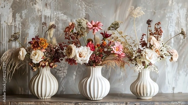 Fototapeta Three elegant white ceramic vases filled with colorful dried and fresh flowers in a rustic arrangement, displayed on a wooden table against an artistic textured wall for interior decor inspiration.
