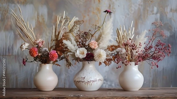 Fototapeta Three elegant white ceramic vases filled with colorful dried and fresh flowers in a rustic arrangement, displayed on a wooden table against an artistic textured wall for interior decor inspiration.
