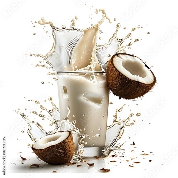 Fototapeta A Refreshing Coconut Drink Served in a Frosted Glass with Ice, Shredded Coconut, a Striped Straw, and Coconut Shell Garnish, Perfect for a Tropical Summer Treat or Exotic Beverage Experience  
