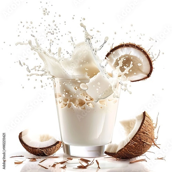 Fototapeta A Refreshing Coconut Drink Served in a Frosted Glass with Ice, Shredded Coconut, a Striped Straw, and Coconut Shell Garnish, Perfect for a Tropical Summer Treat or Exotic Beverage Experience  
