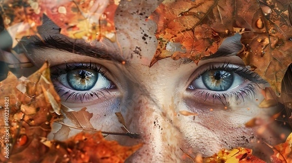 Fototapeta A Captivating Close-Up of a Woman's Eyes Surrounded by Vibrant Autumn Leaves, Showcasing the Beauty of Fall Colors, Natural Textures, and Emotional Depth Through a Stunning Artistic Composition 