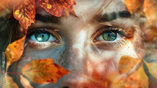 Fototapeta A Captivating Close-Up of a Woman's Eyes Surrounded by Vibrant Autumn Leaves, Showcasing the Beauty of Fall Colors, Natural Textures, and Emotional Depth Through a Stunning Artistic Composition 