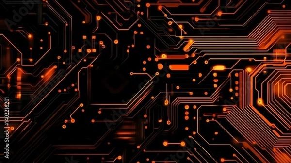 Fototapeta Abstract close-up of a circuit board design with glowing orange elements on a black background