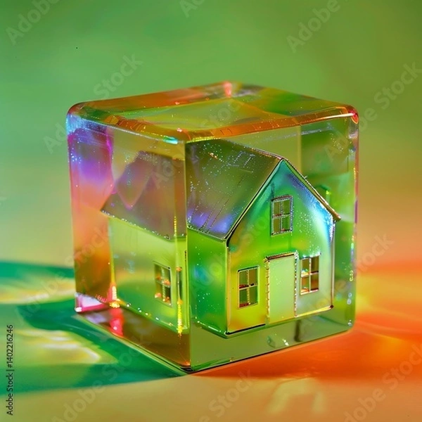 Fototapeta A Dreamlike Miniature House Encased in a Transparent Cube with Surrounding Foliage and Magical Light Reflections, Blending Art, Nature, and Imagination into a Surreal and Whimsical Scene