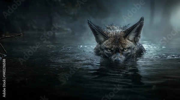 Fototapeta Dramatic scene of a nix submerged in a dark river mysterious water environment nature photography night view