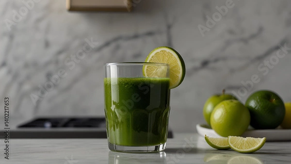 Fototapeta Glass of green juice with a slice of lime on the rim placed on a marble countertop with a plate of whole and sliced limes beside it