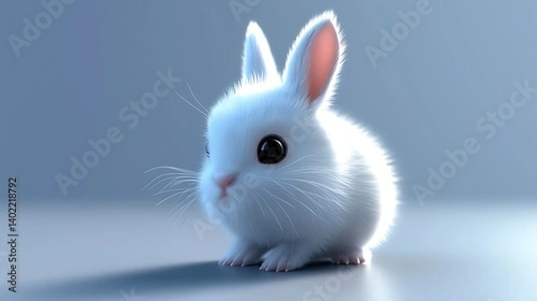 Fototapeta An Adorably Fluffy White Bunny with Big Black Eyes Sitting on a Smooth Surface in Soft Lighting, Showcasing Its Cuteness, Innocence, and Delicate Fur in a Minimalist and Serene Setting