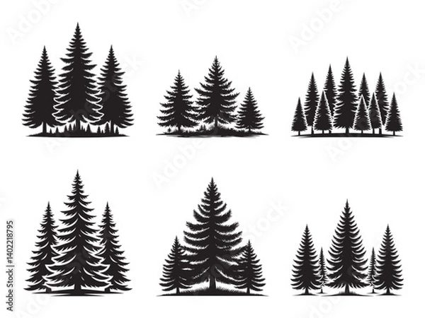 Fototapeta Horizontal Pine tree forest set silhouette vector illustration isolated on white background