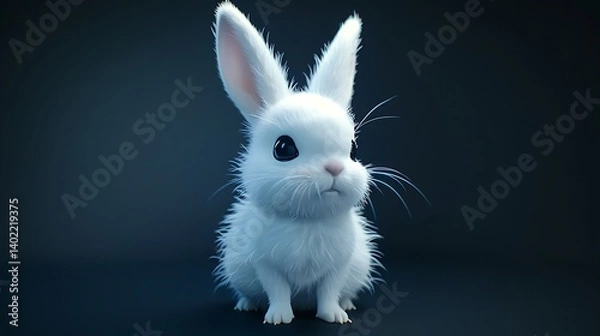 Fototapeta An Adorably Fluffy White Bunny with Big Black Eyes Sitting on a Smooth Surface in Soft Lighting, Showcasing Its Cuteness, Innocence, and Delicate Fur in a Minimalist and Serene Setting