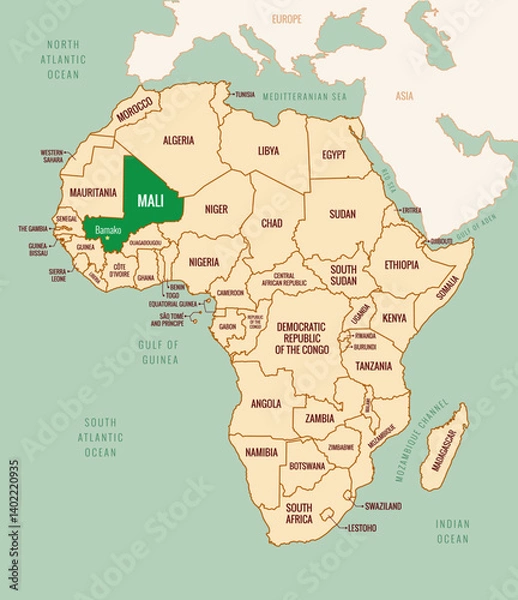 Fototapeta Map of Mali in Africa continent with border, country names, and capital names