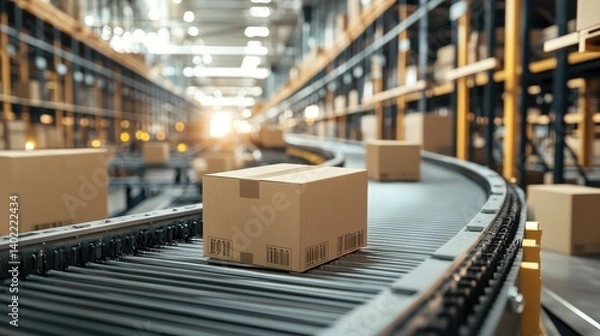 Obraz conveyor belt in a distribution warehouse with row of cardboard box packages for e-commerce delivery and automated logistics concepts as wide banner with copysapce area .