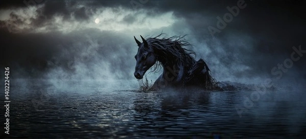Fototapeta Mysterious kelpie emerges from foggy waters enigmatic landscape dark fantasy atmospheric setting