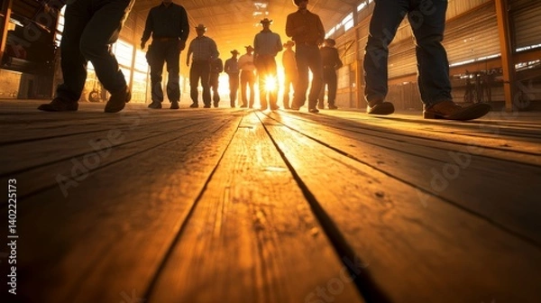 Fototapeta A group of cowboys dressed in denim and boots enjoy line dancing on a barn floor while golden sunlight streams through dusty windows, creating long shadows