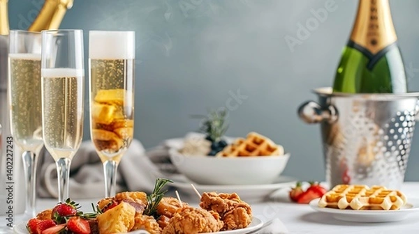 Fototapeta Elegant outdoor brunch setting with two champagne glasses, a chilled champagne bottle in an ice bucket, and a gourmet plate of fried chicken and waffles under soft natural sunlight with festive 