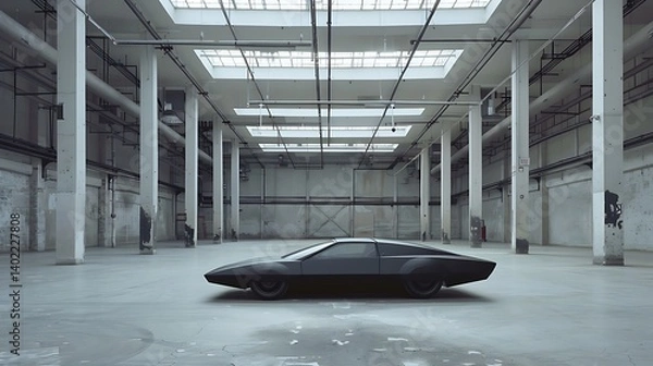 Fototapeta Futuristic matte black concept car with angular design parked in a spacious, minimalistic industrial warehouse featuring high ceilings, exposed pipes, and large skylights casting natural light.

