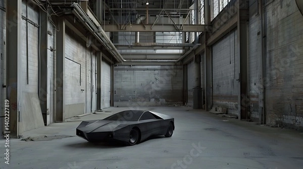 Fototapeta Futuristic matte black concept car with angular design parked in a spacious, minimalistic industrial warehouse featuring high ceilings, exposed pipes, and large skylights casting natural light.
