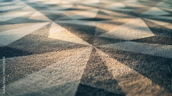 Fototapeta Geometric abstract background of textured triangular shapes in various shades of blue, gold, and cream, with dramatic lighting and shadows creating a modern, artistic and dimensional visual effect.
