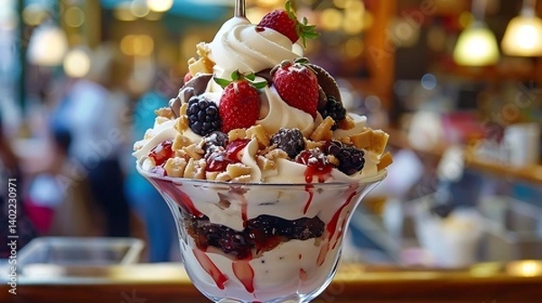 Fototapeta Delicious and colorful ice cream sundae served in a large glass bowl with scoops of chocolate, vanilla, strawberry, whipped cream, syrup, raspberries, and crunchy toppings, perfect for dessert lovers.